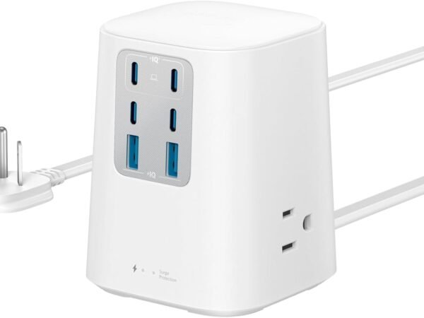 Desktop Charger, 9-in-1 Power Strip with 300J Surge Protector, 5ft Flat Plug Extension Cord with Multiple Devices, 100W USB C Charger with 3 AC, 2 USB A, 4 USB C, Home Office, Desk Accessories