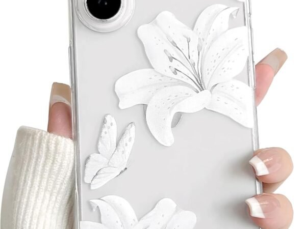 Compatible for iPhone 17 Case Clear Cute Butterfly Lily Flower Floral Pattern for Women Girls Full Camera Lens Clear Slim Shockproof Protective Phone Cover - White