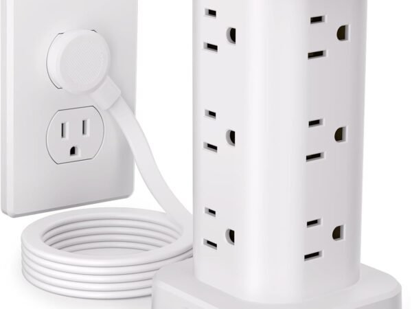 Power Strip Tower with Wireless Charger, Flat Plug Surge Protector Tower with 6FT Extension Cord, 12 AC Multiple Outlets, 4 USB (2 USB C),15W Wireless Charging Power Tower for Home Office Dorm, White