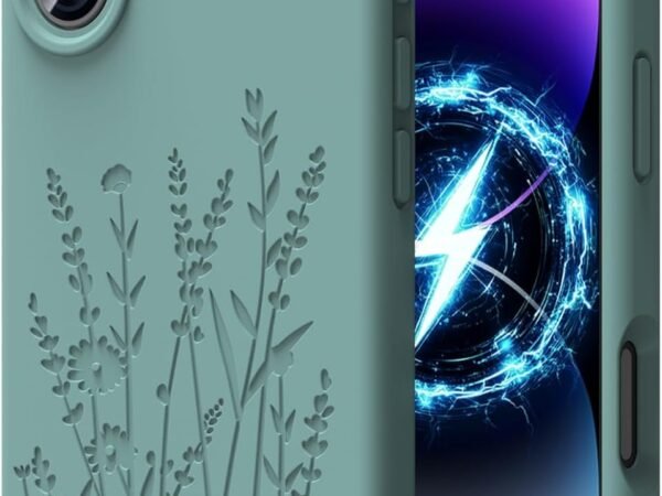 Magnetic Engraved Case Compatible with iPhone 17 Case, Compatible with Magsafe, Camera All-Round Protection, Slim Liquid Silicone Phone Case for Women Girls, Midnight Green Flower