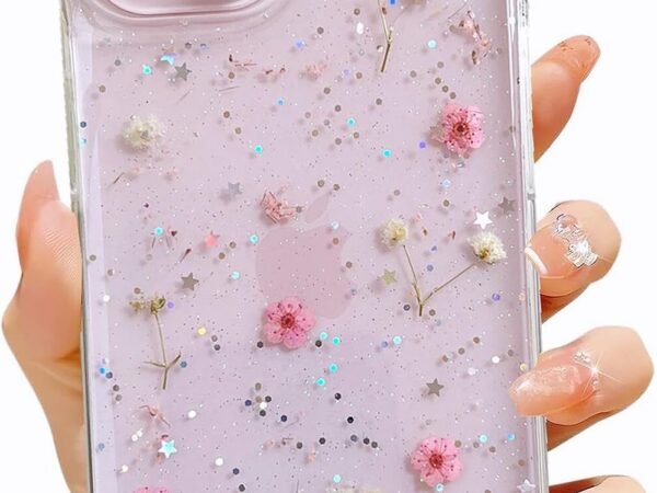 for iPhone 15 / iPhone 14/ iPhone 13 Clear Case with Pressed Real Flowers Design,Glitter Cute Pink Floral Pattern Soft TPU Protective Women Girl's Phone Cover for iPhone 13/14/15