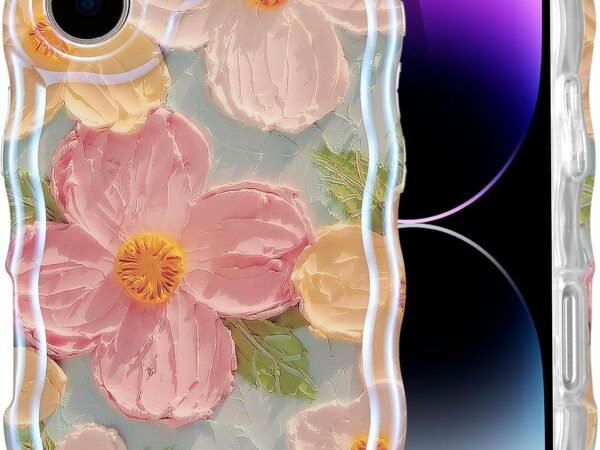 Case for iPhone 16, Colorful Retro Oil Painting Printed Flower Laser Glossy Pattern Cute Curly Wave Edge Exquisite Phone Cover Stylish Durable TPU Protective Case for Girl Women-Green