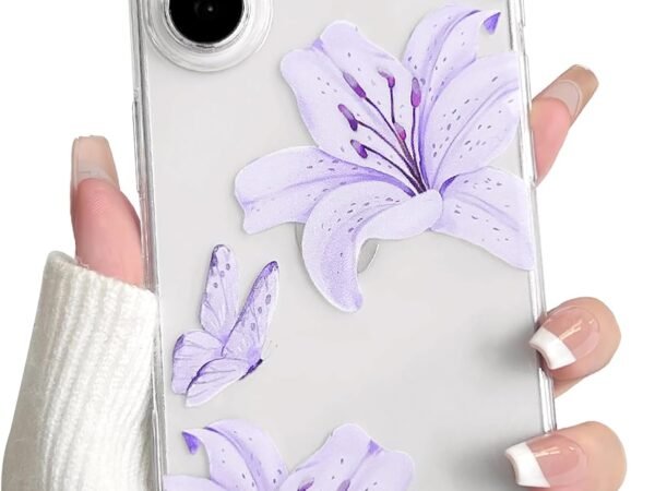 Compatible with iPhone 16 Case Clear Cute Butterfly Lily Flower Floral Pattern for Women Girls Full Camera Lens Clear Slim Shockproof Protective Phone Cover - Light Purple