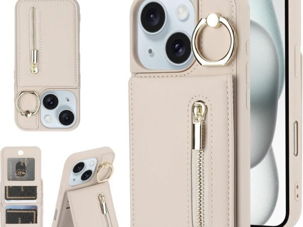 for iPhone 13/14 Wallet Case with Strap Card Slot Holder RFID Blocking Ring Kickstand,Magnetic Flip Folio Zipper Crossbody Purse Case with Lanyard,PU Leather Cover Handbag,Beige