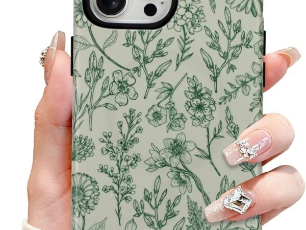 Magnetic Sage Floral Phone Case for iPhone 15 Pro, Vintage Green Flower Pattern Compatible with Magsafe Matte Protective Case Cover with Screen Protector for Girls Women