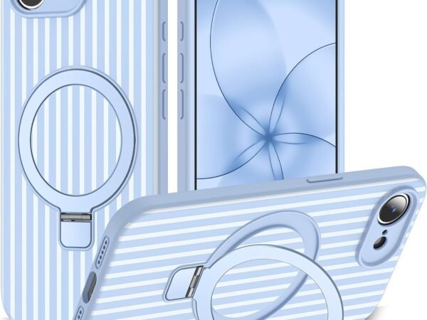 Compatible with iPhone 17E Case with Magnetic Invisible Stand [Compatible with Mag-Safe][Cute Aesthetic Striped Pattern] Silicone 17E Phone Case for Women Men 6.1"，Blue/White