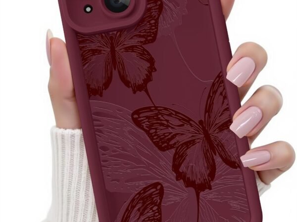 for iPhone 13 Case, Creative Butterfly Pattern Design for Girl Women, Soft Silicone Shockproof Anti-Scratch Protection Phone Cover for iPhone 13 (Burgundy Red Butterfly)