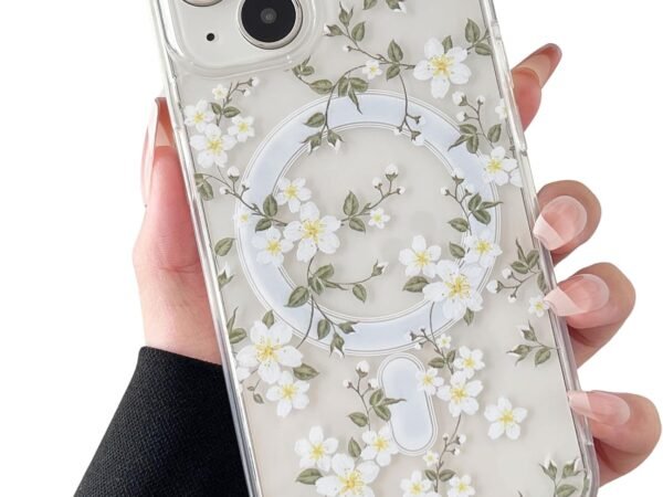 for iPhone 13 for iPhone 14 Case Fit for MagSafe-Big White Flower | Aesthetic Floral Pattern Design | Support Magnetic Accessories | Clear Soft TPU Bumper+Hard Back | Protective Phone Cover